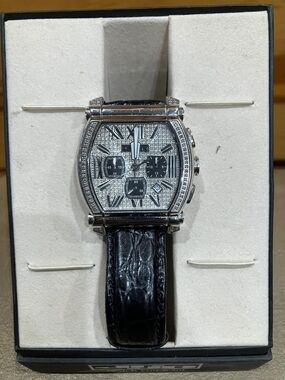 Men's Silver Case Watch with Black Leather Strap